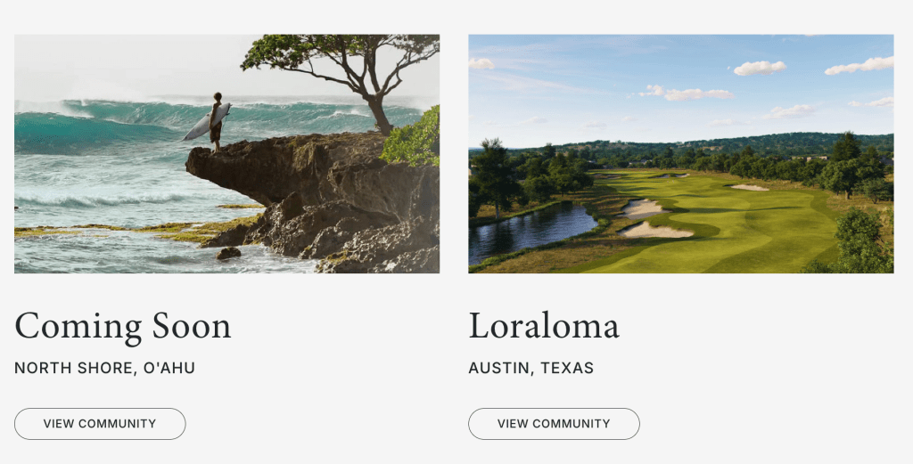 A screenshot from Arete Collective's website showing the promotional shots for its two current developments.